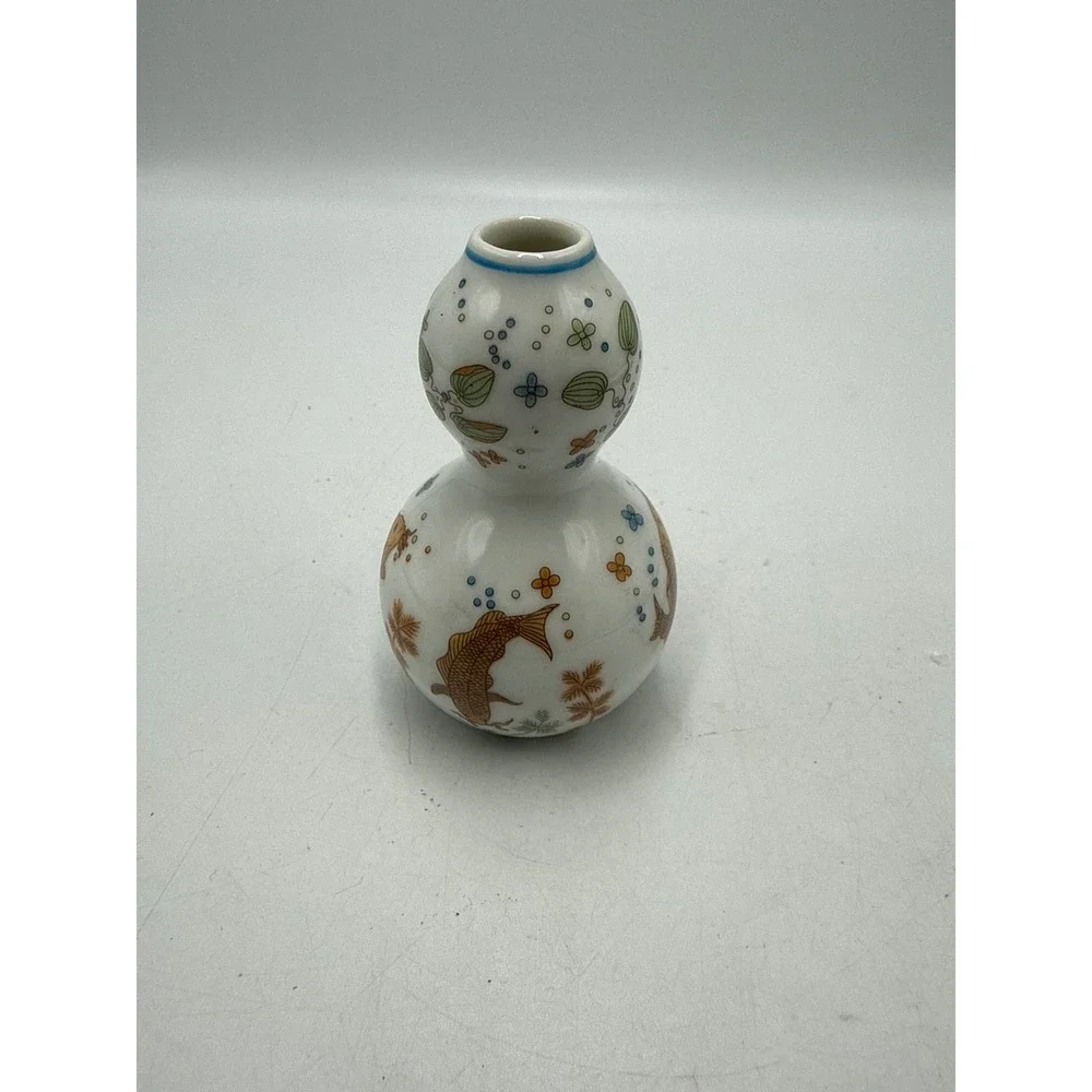 Miniature Porcelain Double Gourd Vase Koi Fish Hand Painted White Ceramic 3 Inch